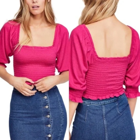 NWT FREE PEOPLE Smocked Hot Pink Top, Medium - Picture 1 of 8